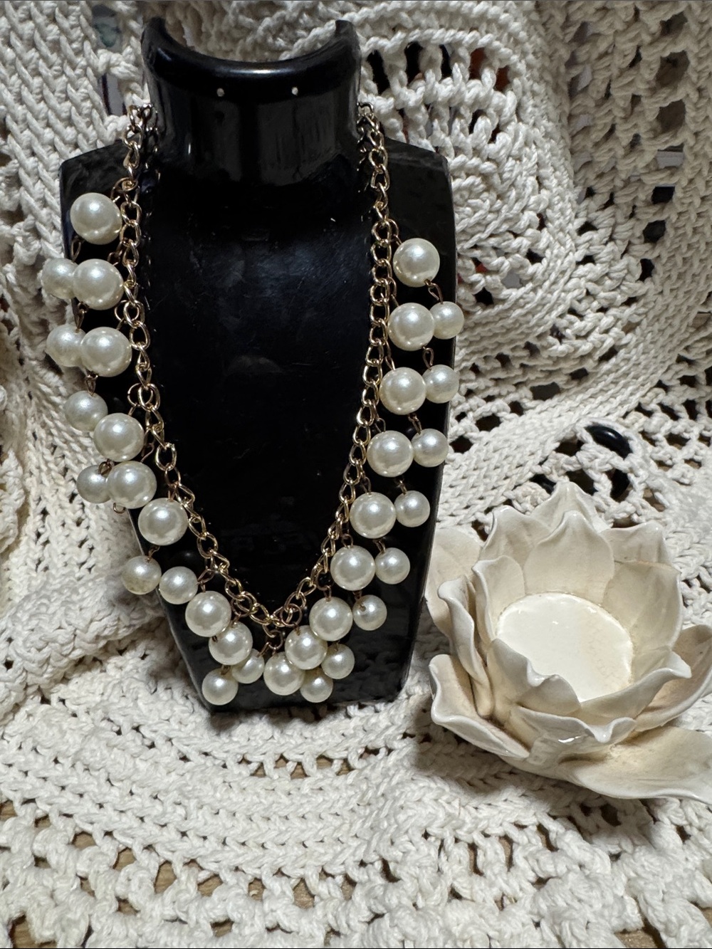 Elegant White Pearl Cluster Necklace - Gold Chain